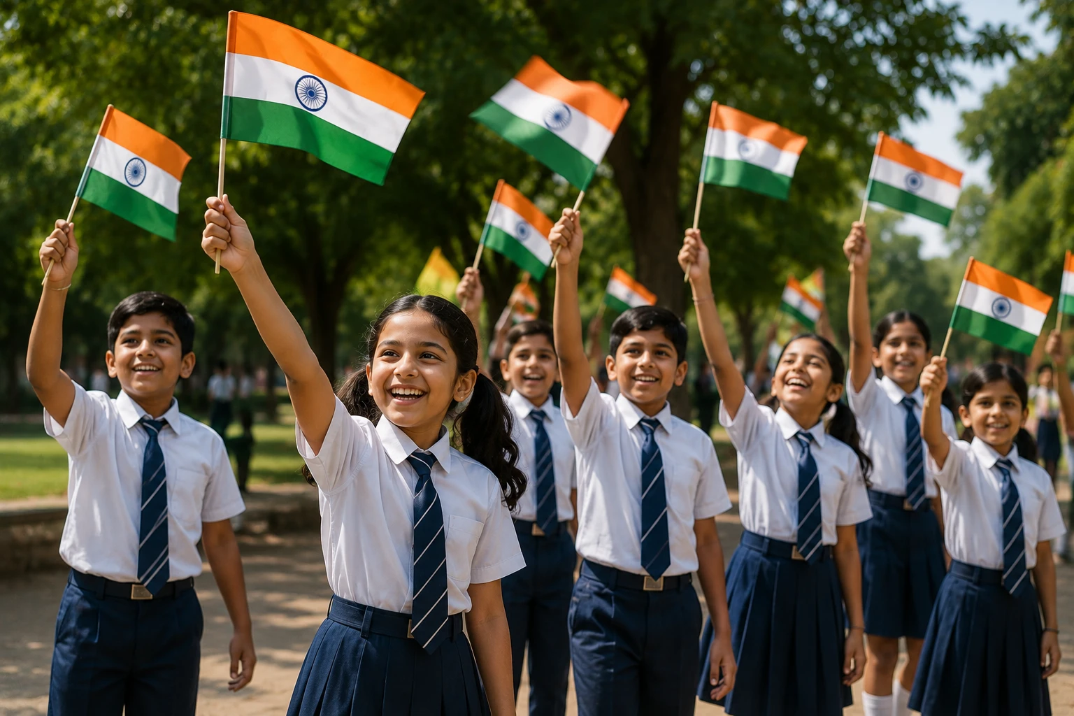 School children joyfully waving the Indian national flag